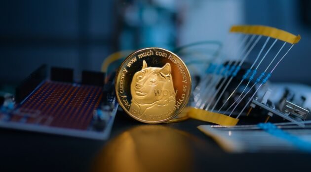 Dogecoin in front of electronics