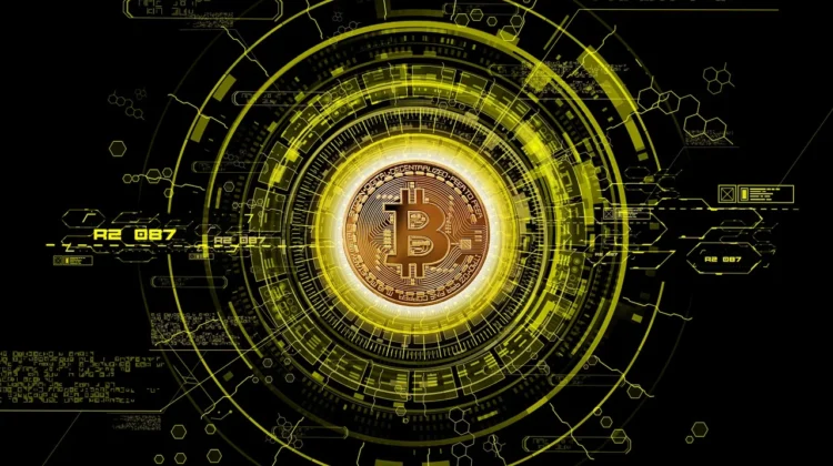 A bitcoin in the center surrounded by tech graphics