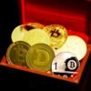 Various crypto coins in a small box