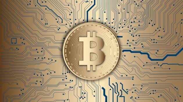 A bitcoin with a circuit board-like background