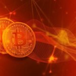 Two bitcoins on an abstract red background