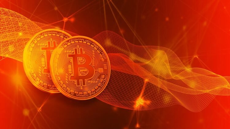 Two bitcoins on an abstract red background